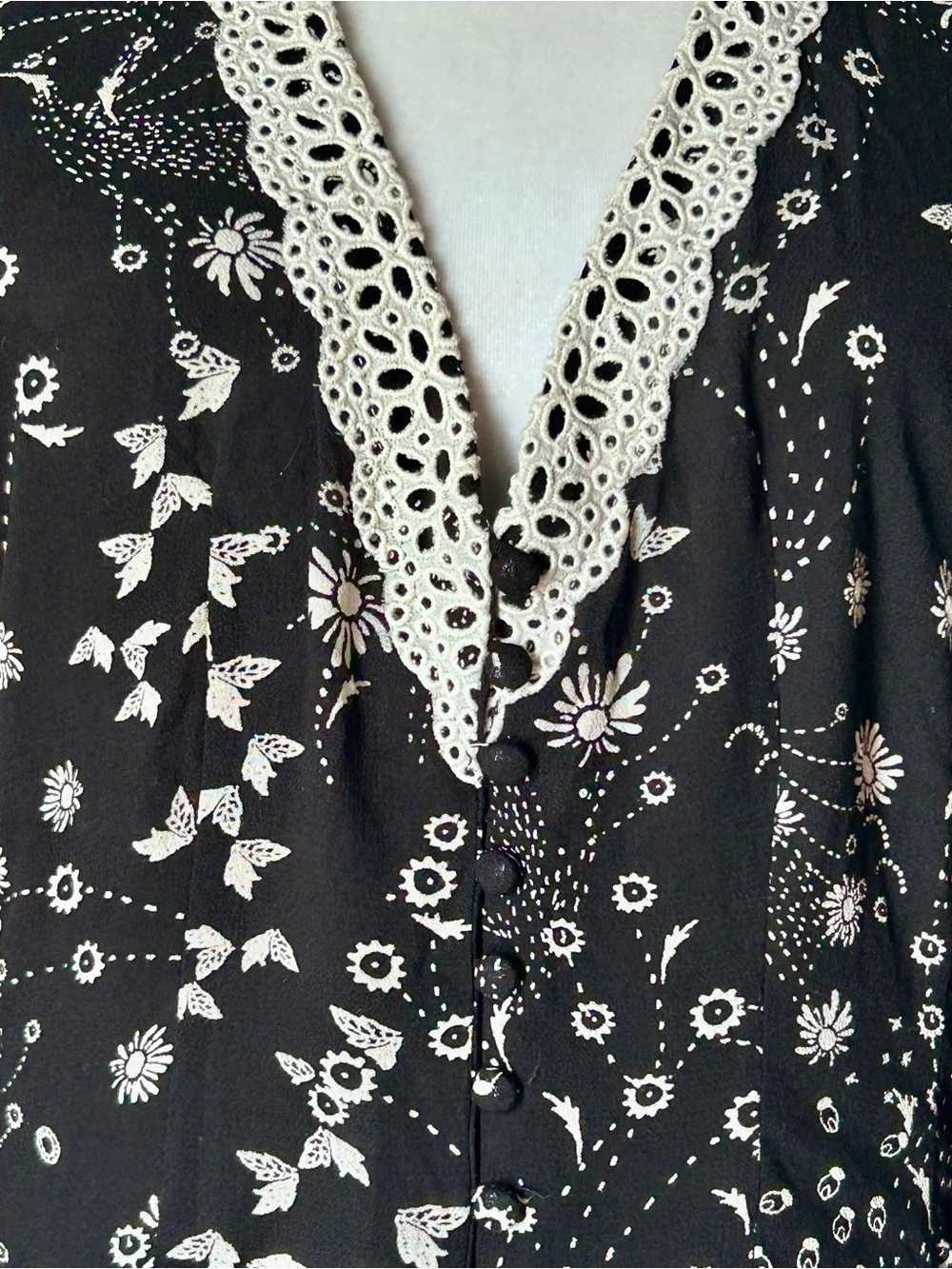 Free People Black Floral Button-Up Blouse with Cream Crochet Trim